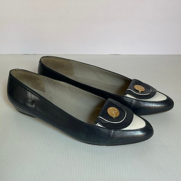 Pappagallo Flats Vintage Navy Blue Leather8.5M Made in Spain Gold Anchor Loafer - Picture 3 of 14